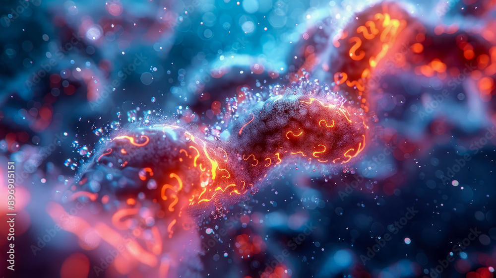 Abstract depiction of glowing DNA strands with vibrant blue and red colors on a blurred background. Concept of genetics and molecular science Abstract depiction of glowing DNA strands with vibrant blue and red colors on a blurred background. Concept of genetics and molecular science