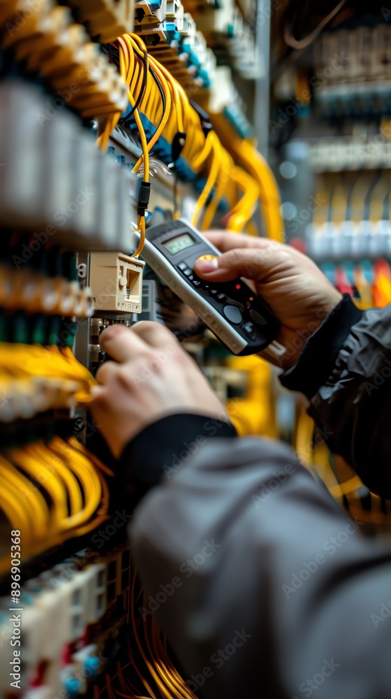 Electricians precision with multimeter Closeup of hands testing electrical panel power, yellow wires and white gear, professional color grading in highresolution Electricians precision with multimeter Closeup of hands testing electrical panel power, yellow wires and white gear, professional color grading in highresolution