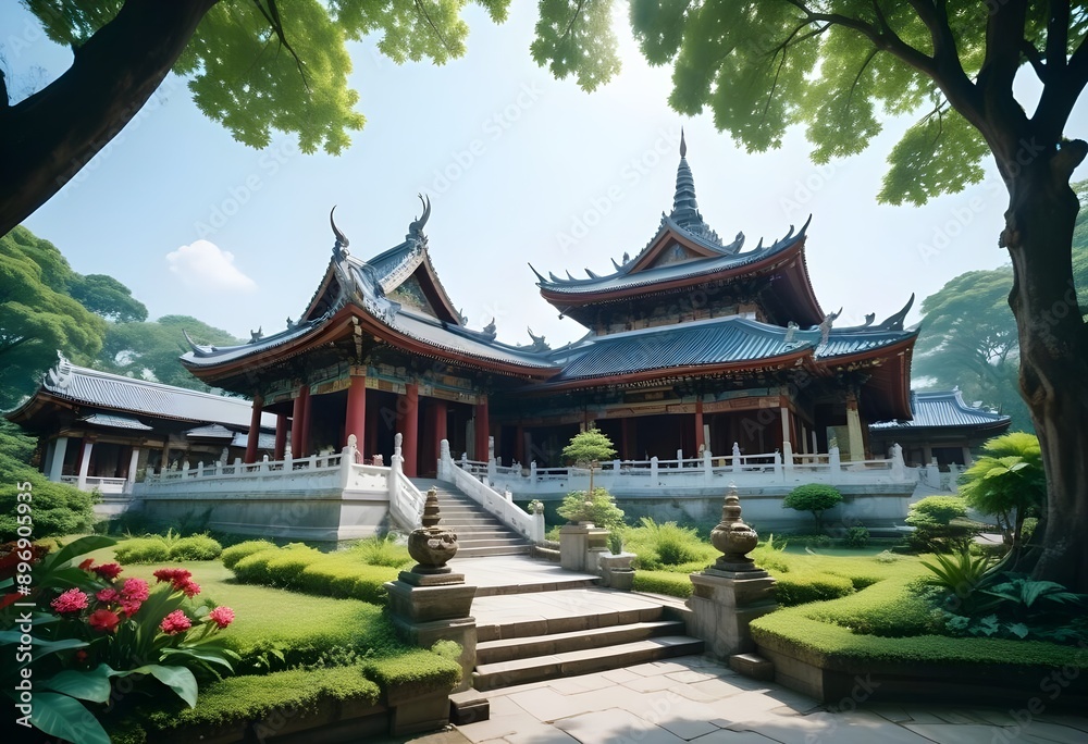 Traditional wooden Buddhist structure on a hill Traditional wooden Buddhist structure on a hill