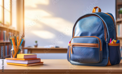 Back to school concept. School bag and books on a student desk in classroom
