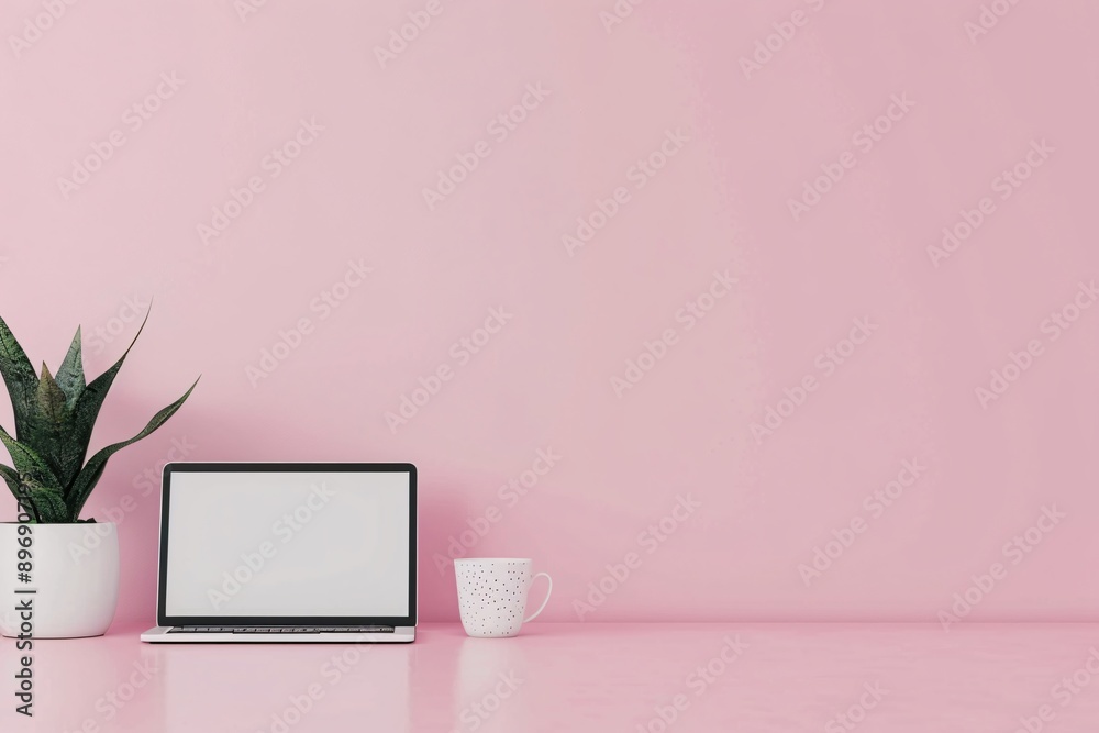 Minimalist design with a laptop screen and online advertising elements on a soft background
