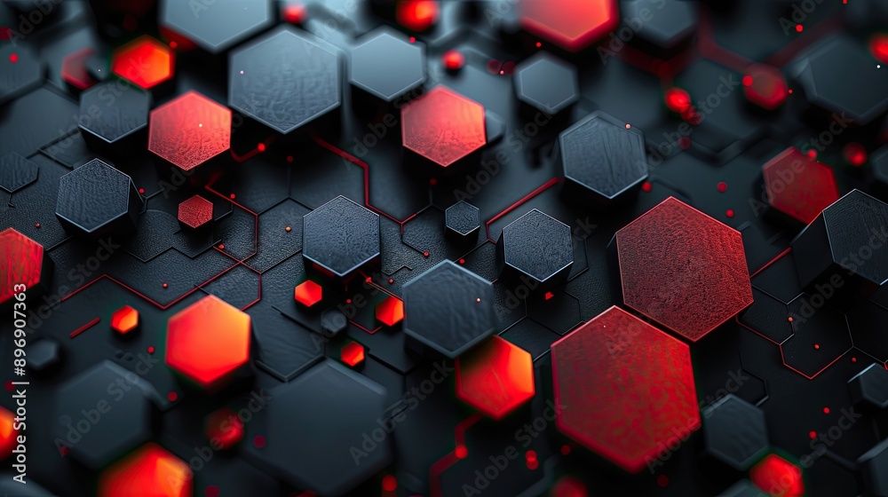 background with hexagon geometric shapes and lines in red, white, grey, creating an abstract background with hexagon geometric shapes and lines in red, white, grey, creating an abstract