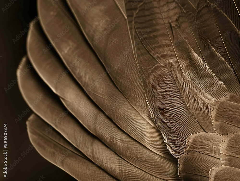 Obraz premium Close-Up of Feathers Showcasing Delicate Textures and Patterns in Sepia Tones Against Dark Background. Soft Lighting Highlights Fine Lines for Elegant Composition.
