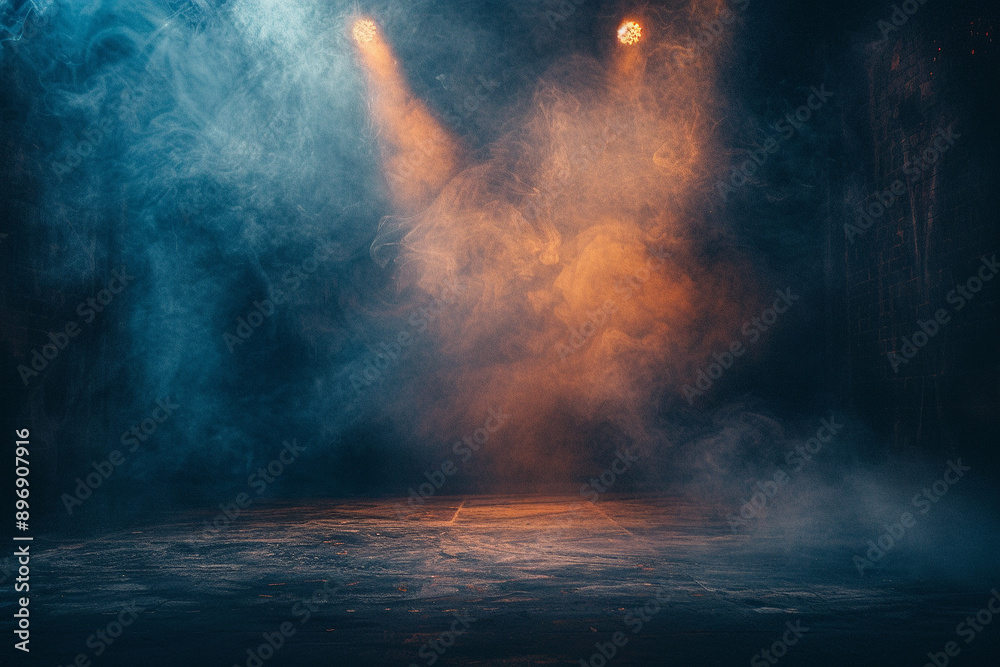 Obraz premium Dark stage with spotlight, dramatic lighting and smoke. Cinematic scene of theater or concert hall interior