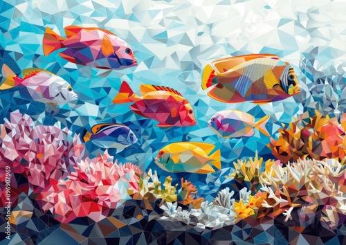 Digital illustration featuring a diverse array of colorful fish swimming through a coral reef, rendered in a striking polygonal style photo