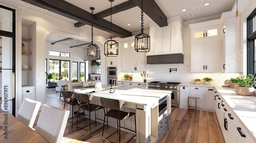 beautiful white kitchen with dark accents in a new modern farmhouse-style luxury home, showcasing a blend of rustic charm and sophisticated design, with contrasting elements and high-quality 