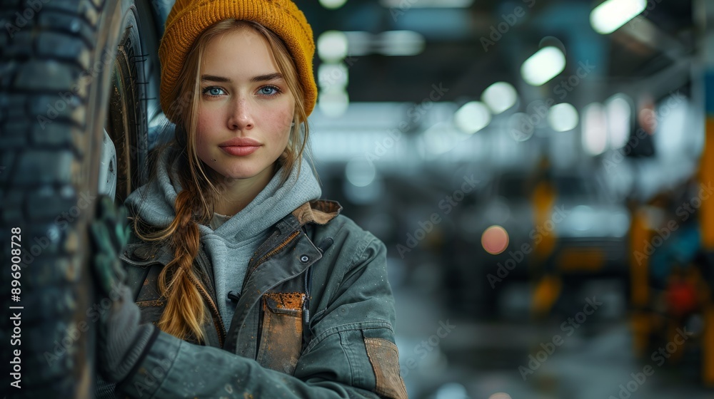 With expertise in handling a vehicle's chassis, a young woman mechanic efficiently carries out a tire-changing operation at an auto service center. With expertise in handling a vehicle's chassis, a young woman mechanic efficiently carries out a tire-changing operation at an auto service center.