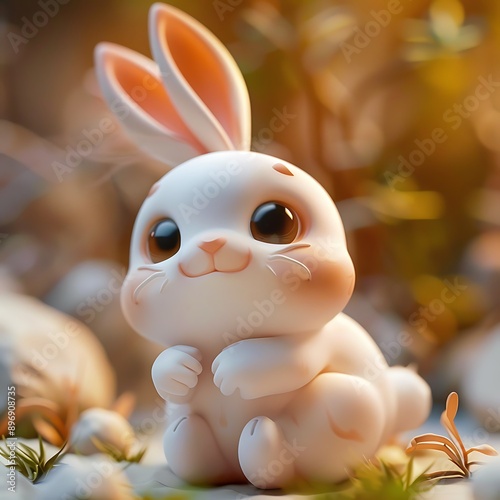 Adorable White Bunny Sitting in a Garden with Soft Focus Background photo