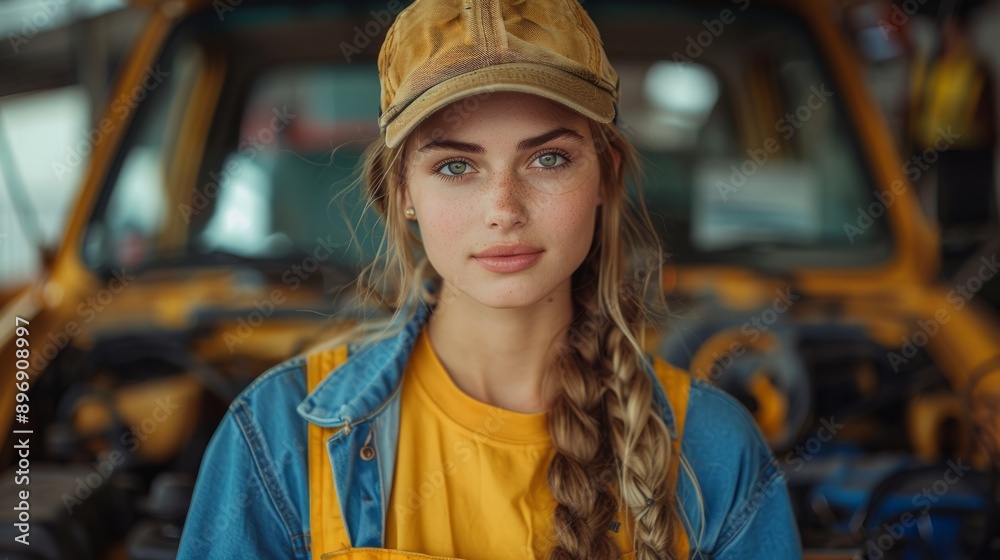 Gracefully handling the coarse world of auto-repair, a young woman mechanic's portrait highlights her determination and cheerful approach towards her profession. Gracefully handling the coarse world of auto-repair, a young woman mechanic's portrait highlights her determination and cheerful approach towards her profession.