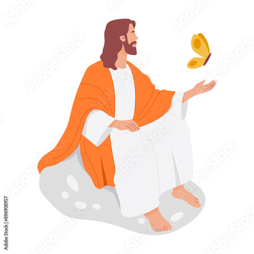 A flat style illustration of jesus character with butterfly 

