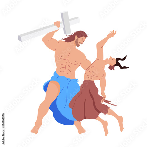 A flat style illustration of jesus fighting 

