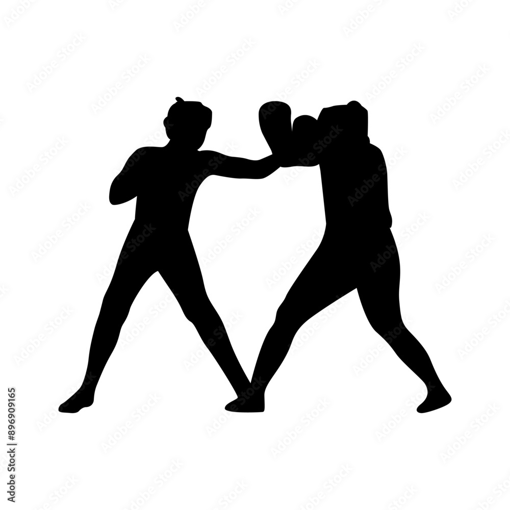 Obraz premium Vector illustration of two boxing players silhouette on transparent background