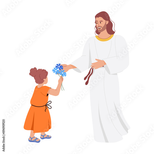 A flat illustration showing jesus mercy on child 

