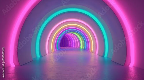 Dynamic 3D illustration of abstract flight in neon hyper warp space tunnel. © CrazyJuke