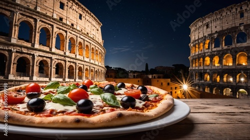 Roman pizza against the backdrop of the Ancient City. Italian traditional pizza