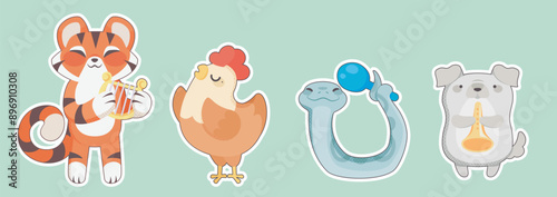 Cute cartoon animal musicians band mascot collection. Beast and bird with music instruments playing and singing song. Childish tiger with lyre, chicken singer, snail with maracas and dog with clarinet
