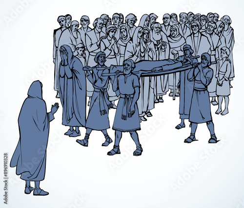 Vector drawing. Funeral of the son of a widow