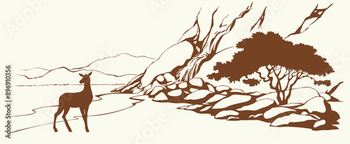 Vector landscape. Deer near a mountain stream