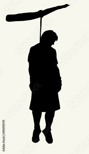 Vector drawing. Man hangs on a tree branch