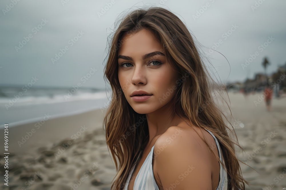 Beautiful Woman at the Beach Looking into the Camera Beautiful Woman at the Beach Looking into the Camera