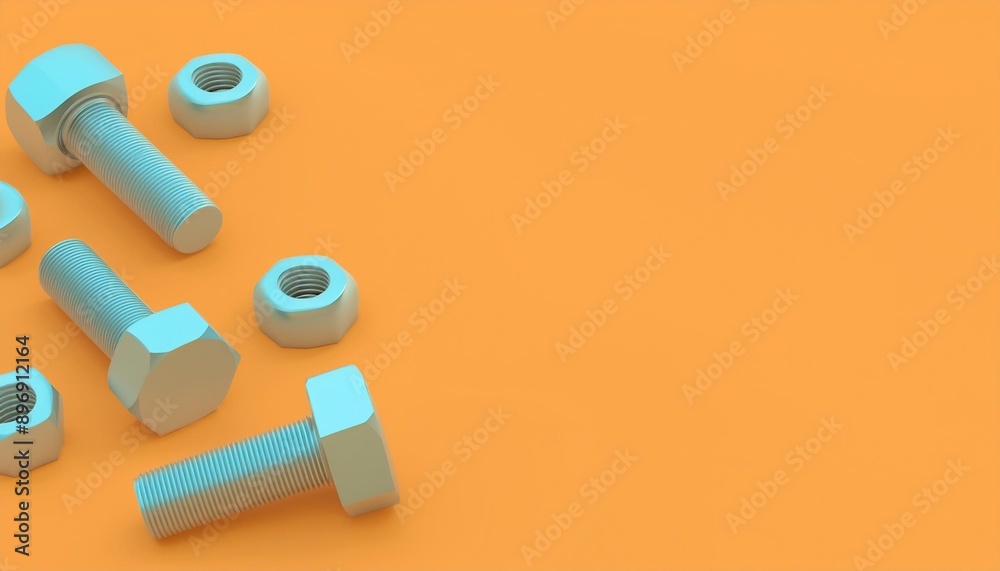 3d printed bolts and nuts on yellow background, space for text 3d printed bolts and nuts on yellow background, space for text