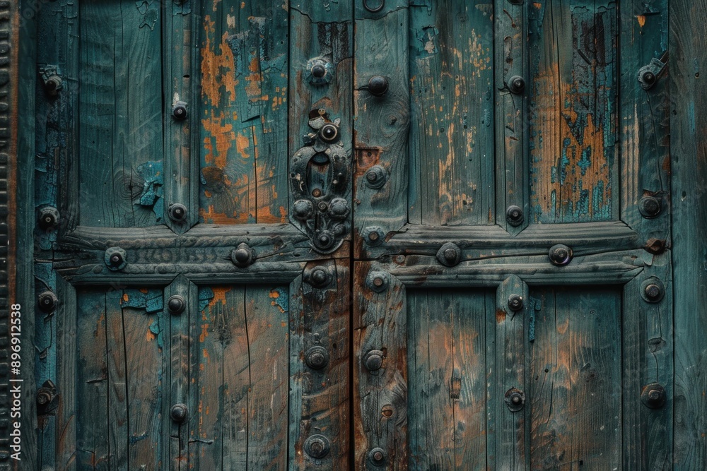 Closeup of an aged wooden door with rustic iron hardware and chipped blue paint Closeup of an aged wooden door with rustic iron hardware and chipped blue paint