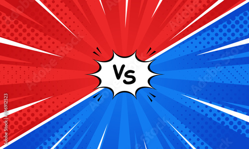 Red and blue versus comic-style background. Pop art comic sunburst effect background with halftone. Suitable for templates, sale banners, events, ads, web and pages
