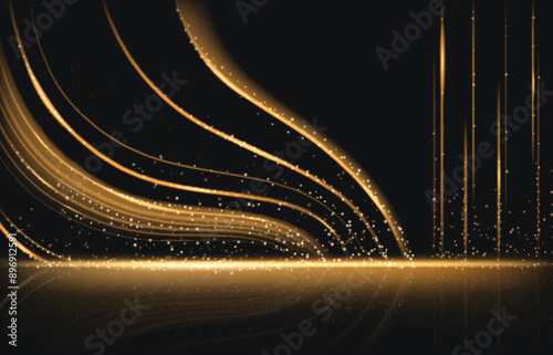 Gold light party stage. Abstract black design with golden glitter. Elegant winner ceremony banner. Premium anniversary event studio bg. Luxury cosmetic product display scene. Yellow concert backdrop