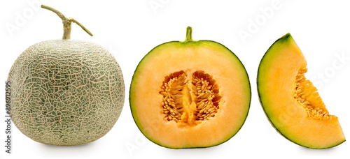 Cantaloupe melon cut in half on white background.Whole fresh Melon, cut into halves Sweet Orange Melon isolate on white with clipping path. photo