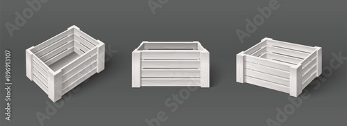 3d white wooden box crate mockup. Fruit or vegetable basket isolated realistic vector. Empty farm pallet container for harvest packaging. Agriculture storage and delivery element set with wood texture