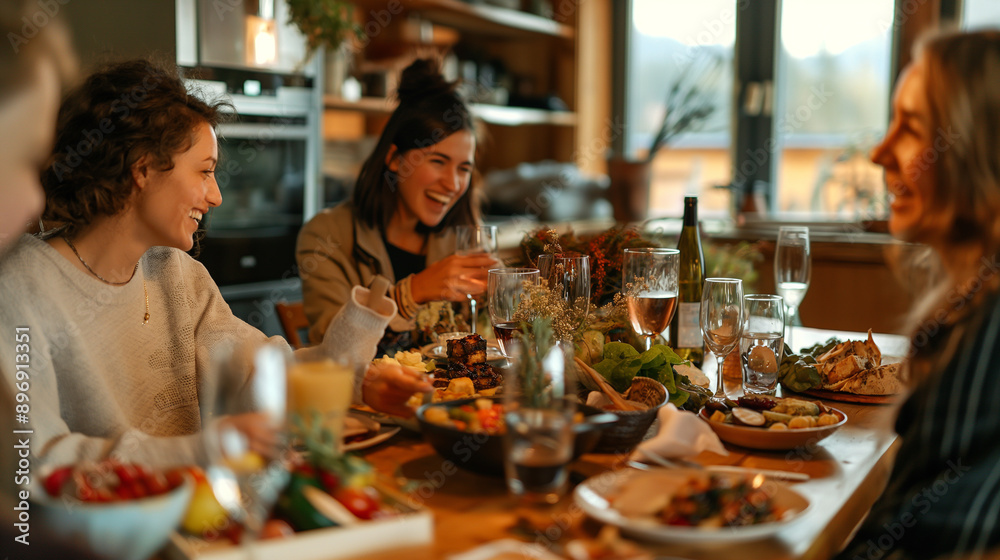 Friends Enjoying Dinner Together in a Warm, Cozy Home Friends Enjoying Dinner Together in a Warm, Cozy Home