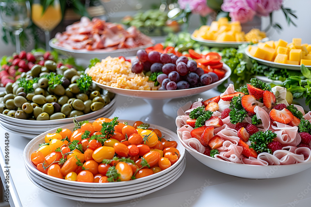 A buffet table with a variety of dishes, including salads, meats, and desserts A buffet table with a variety of dishes, including salads, meats, and desserts