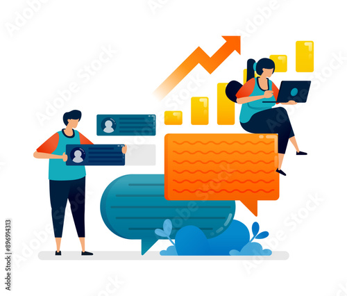 Business illustration of review company performance on barcharts to give opinions or comments. Can be used for banner of banking, financial firm, office, investment institution