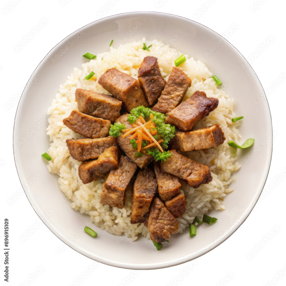 Rice and fried meat slices on white plate on transparent background Rice and fried meat slices on white plate on transparent background