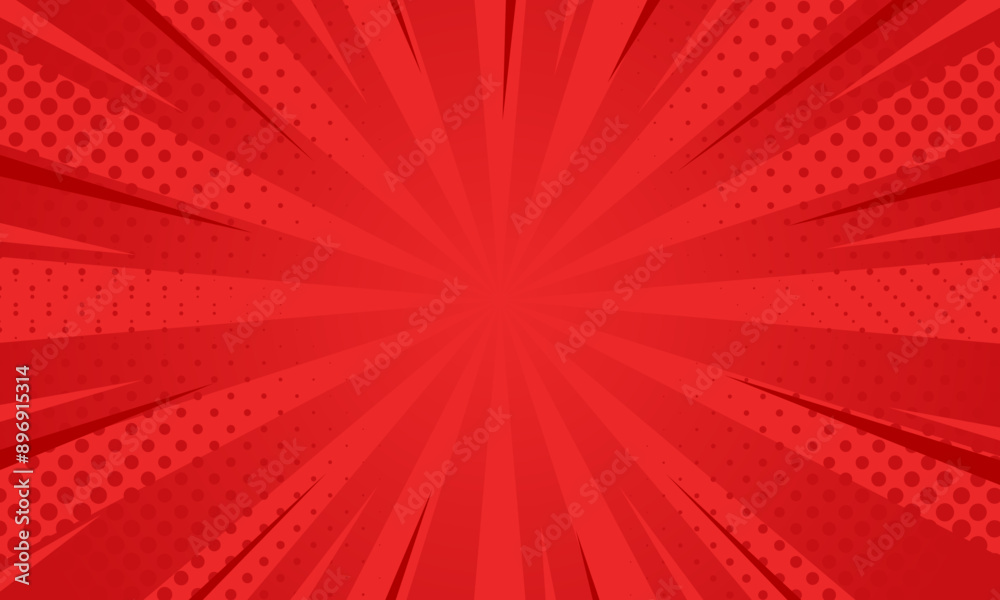 Naklejka premium Red comic sunburst effect background with halftone. pop art comic-style vector background. Suitable for templates, sale banners, events, ads, web and pages