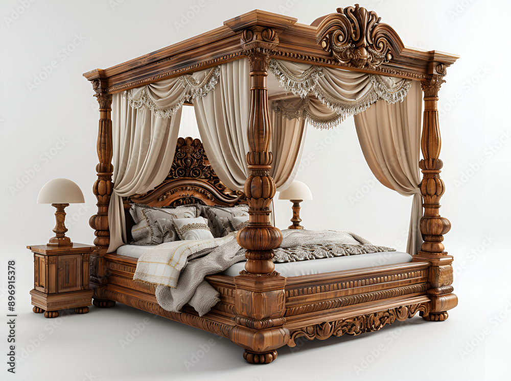 Luxurious canopy bed with elegant drapes, adding a touch of sophistication to the bedroom decor. Luxurious canopy bed with elegant drapes, adding a touch of sophistication to the bedroom decor.