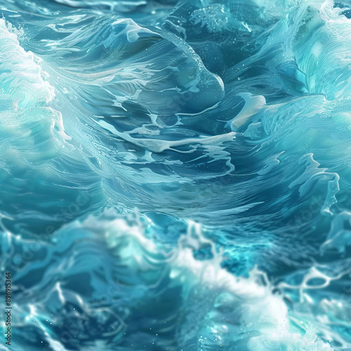 Seamless pattern abstract water ocean wave, blue, aqua, teal texture. Blue and white water wave web banner high angle view of churning waves sea foam gradient blue gorgeous nature aquatic background