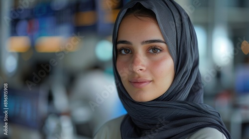 Mid-aged professional Muslim hijab woman, clean white office, sitting at desk, looking at the camera, multiple digital screens behind her, ultra-wide angle shot.