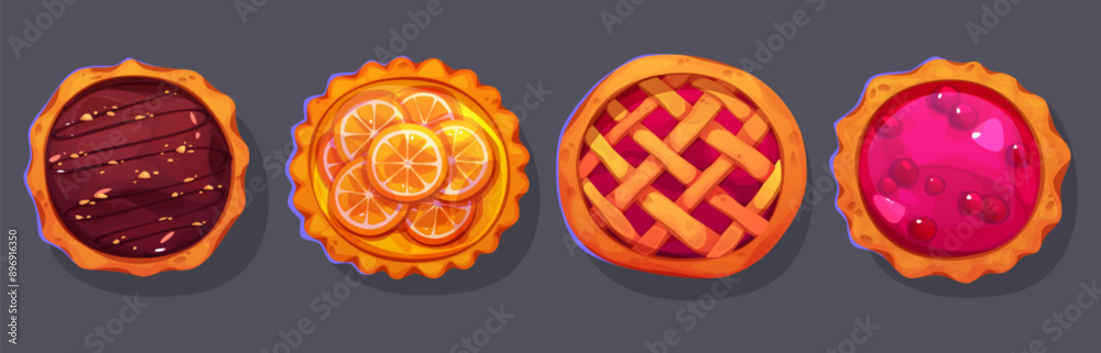 Fototapeta premium Whole round tart with fruit, berry and chocolate filling top view. Cartoon vector illustration set of fresh delicious baked pie with jam and fruits slices, dough crust and lattice. Sweet caked dessert