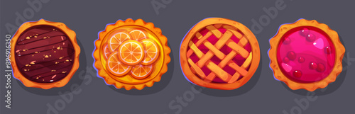 Whole round tart with fruit, berry and chocolate filling top view. Cartoon vector illustration set of fresh delicious baked pie with jam and fruits slices, dough crust and lattice. Sweet caked dessert