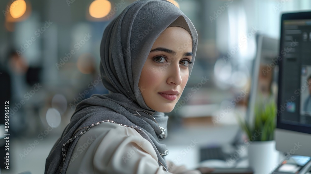 Muslim hijab woman, tidy white workspace, seated at desk, seeing screens, side view, ultra-wide angle shot. Muslim hijab woman, tidy white workspace, seated at desk, seeing screens, side view, ultra-wide angle shot.