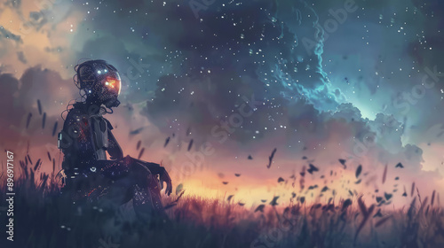 Sad depressed AI robot android cyborg sits in alone in a field under dark stormy skies grief sadness sorrow loss death loneliness mental concepts shadow landscape colorful horizon with copy space photo