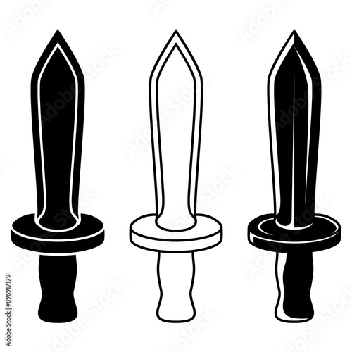 Vector silhouettes, icons and line art of flat design Arabian sword, pirate and executioner isolated on white background