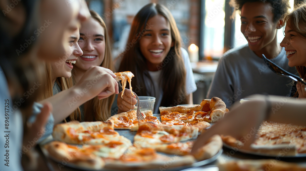 Group of Friends Enjoying Pizza Together in a Restaurant Group of Friends Enjoying Pizza Together in a Restaurant