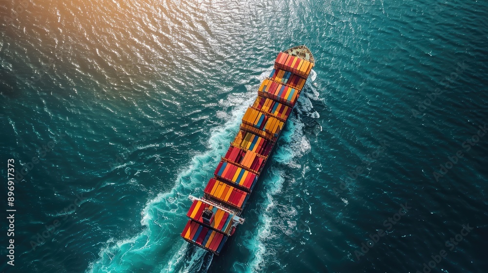 cargo ship with containers on its deck is sailing in open water, leaving behind ripples of white foam and blue sea cargo ship with containers on its deck is sailing in open water, leaving behind ripples of white foam and blue sea