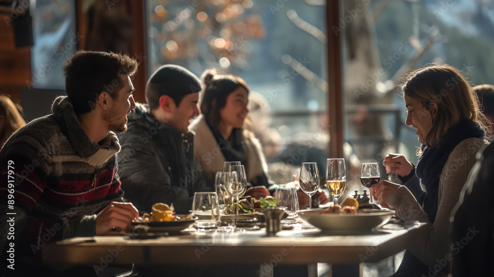 Friends Enjoying Dinner at a Mountaintop Restaurant on a Sunny Day Friends Enjoying Dinner at a Mountaintop Restaurant on a Sunny Day