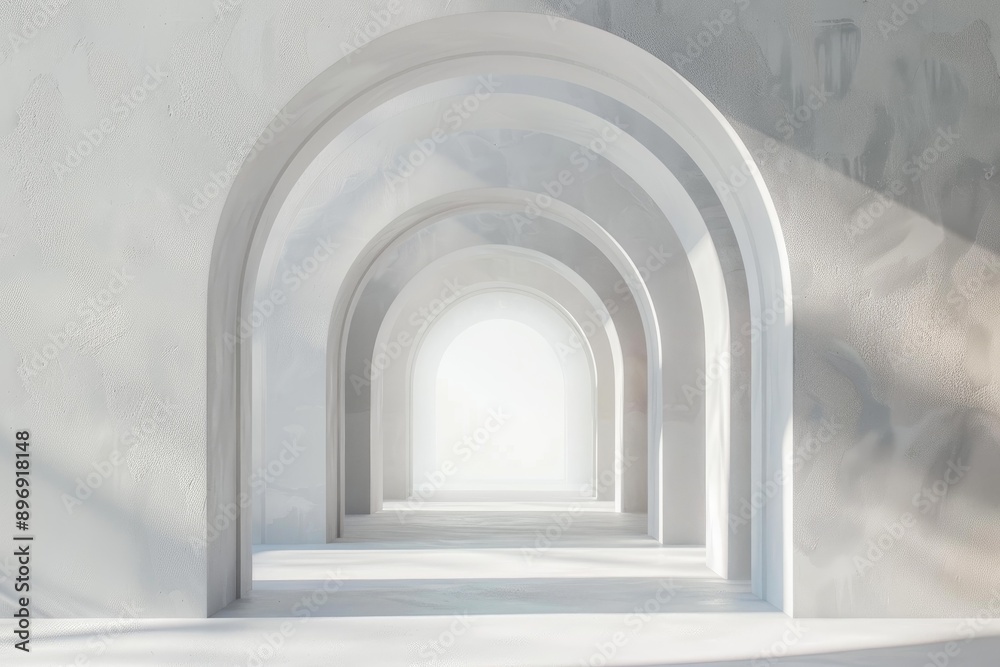 Bright, empty corridor with a series of white arches diminishing into light Bright, empty corridor with a series of white arches diminishing into light