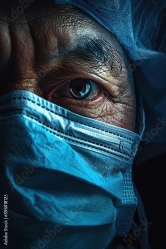 Elderly person wearing surgical mask and cap close-up