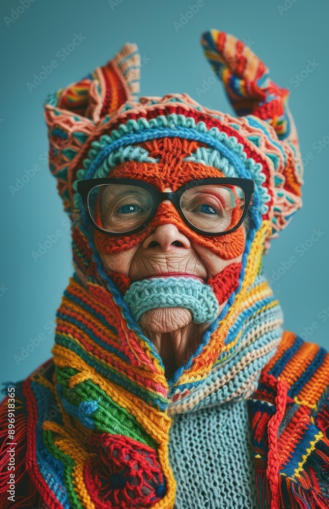 Elderly person in colorful knitted hat and scarf