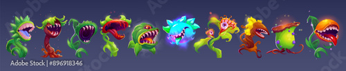 Scary monster plants with horrible carnivorous flower head with mouth, teeth and eyes on green stem with leaves. Cartoon vector illustration set of game and fairy tale fantasy alien creepy creature.
